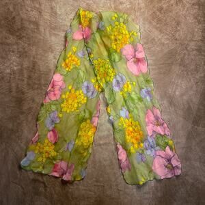 Vintage 70s Floral Mesh Neck Tie Scarf Multicolor Sheer Scalloped Psychedelic